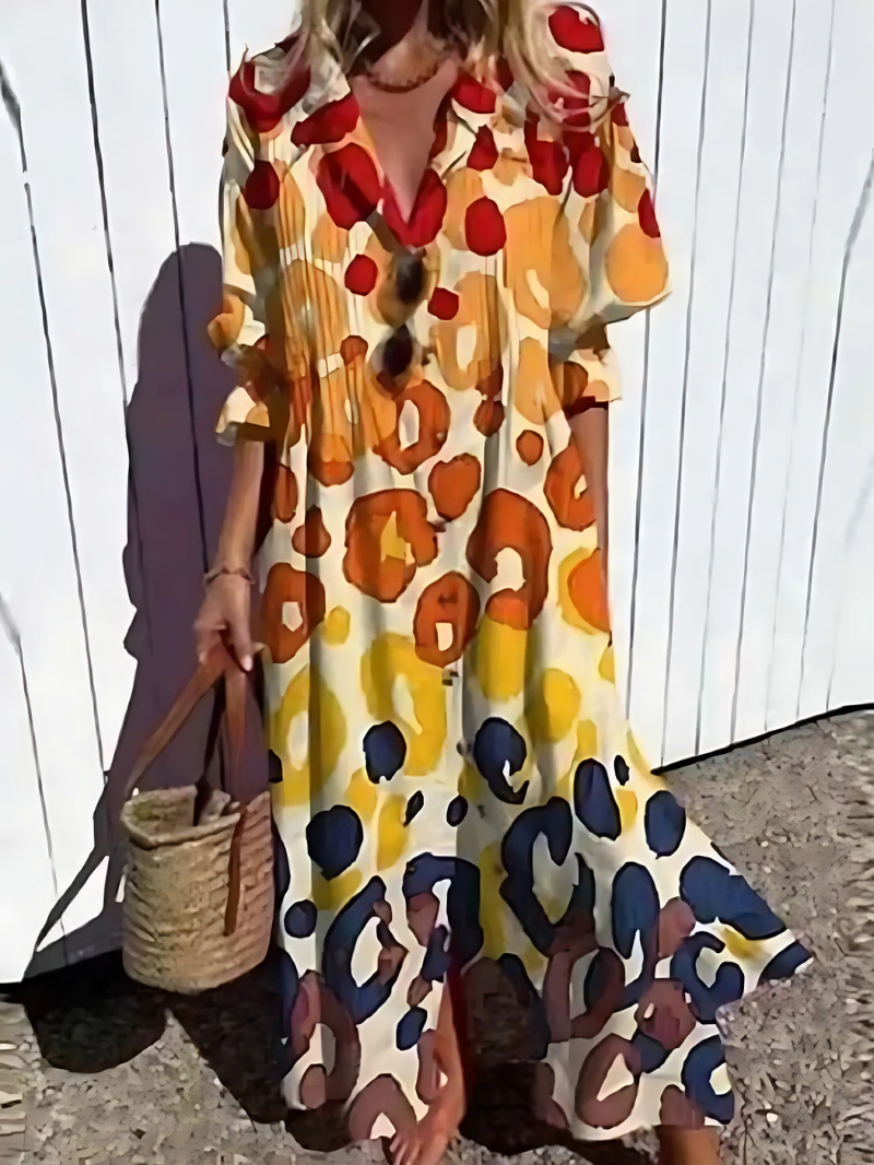 Women’s Maxi Dress - Relaxed Fit - Breathable Blend - Button Front - Retro Leaf Print