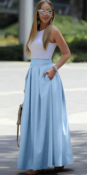 Women's Maxi Skirt - High Waist - Pleated Flowing Design - Elegant & Chic with Pockets