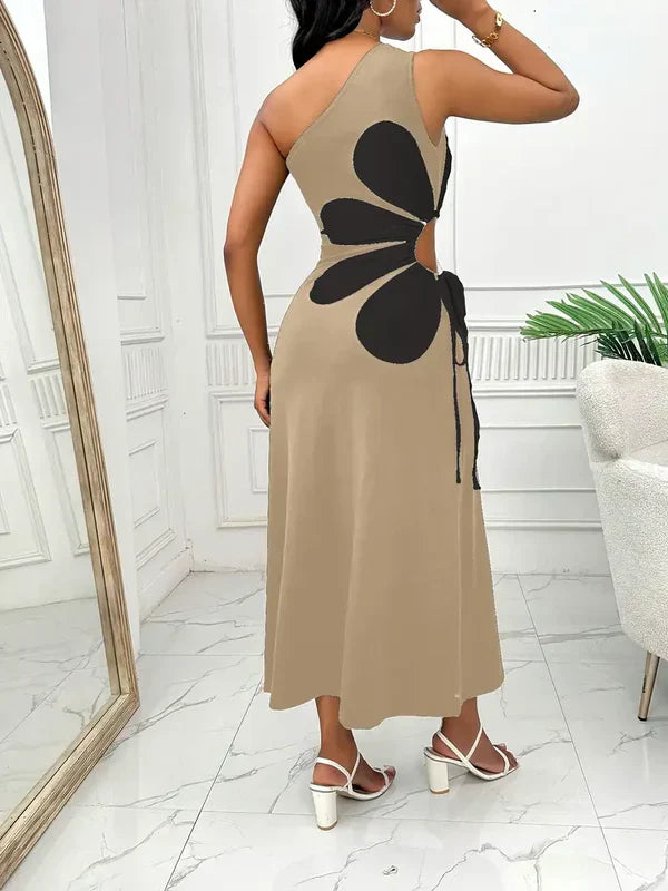 Women's Maxi Dress - One-Shoulder - Floral Applique - Flowing Relaxed Fit