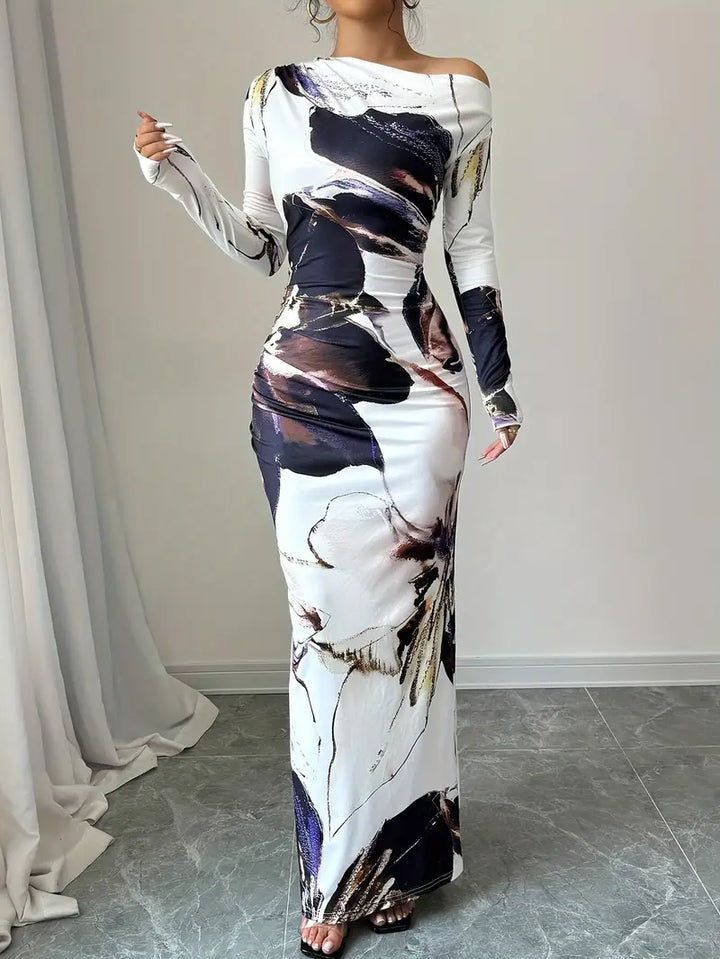 Women's Maxi Dress - Off-Shoulder - Long Sleeve - Abstract Pattern - Bodycon Fit