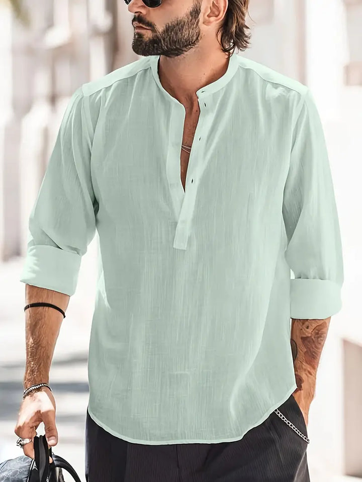 Men’s Long Sleeve Shirt - Relaxed Fit - Breathable Blend - Mandarin Collar Casual Style