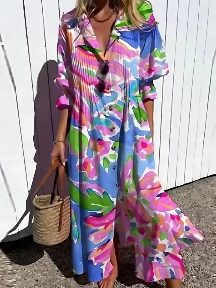 Women’s Maxi Dress - Relaxed Fit - Breathable Blend - Button Front - Retro Leaf Print