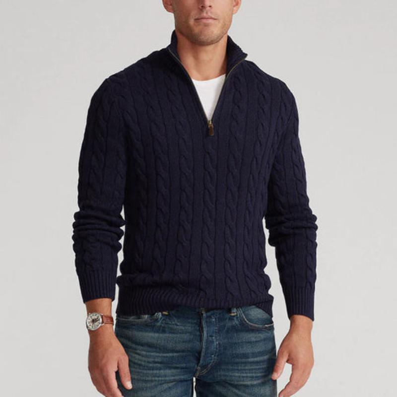 Men’s Half Zip Sweater - Cable Knit - Cotton Blend - Regular Fit - Ribbed Trim