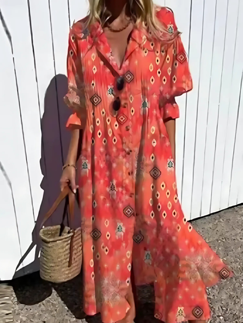 Women’s Maxi Dress - Relaxed Fit - Breathable Blend - Button Front - Retro Leaf Print