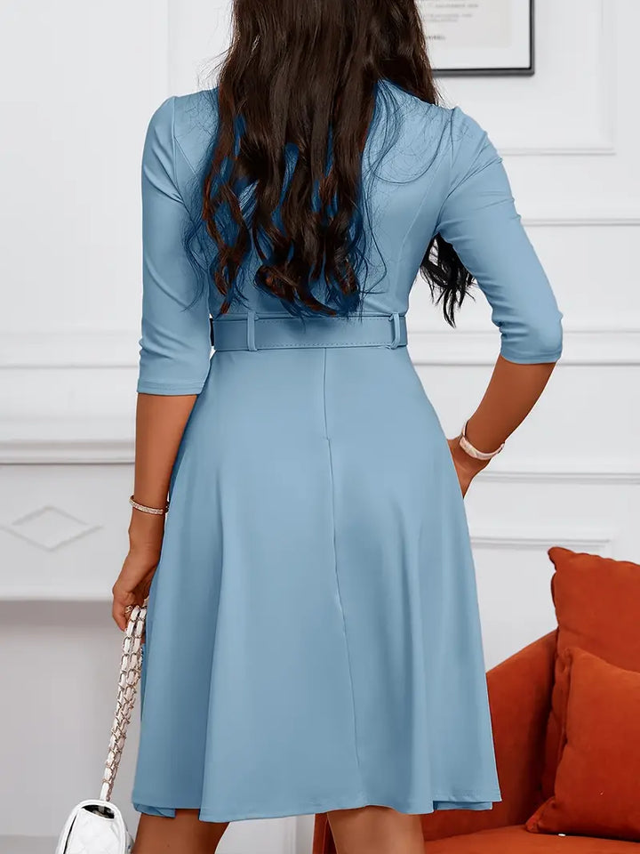 Women's Knee-Length Dress - Fit and Flare - 3/4 Sleeve - Zippered Neckline - Belted