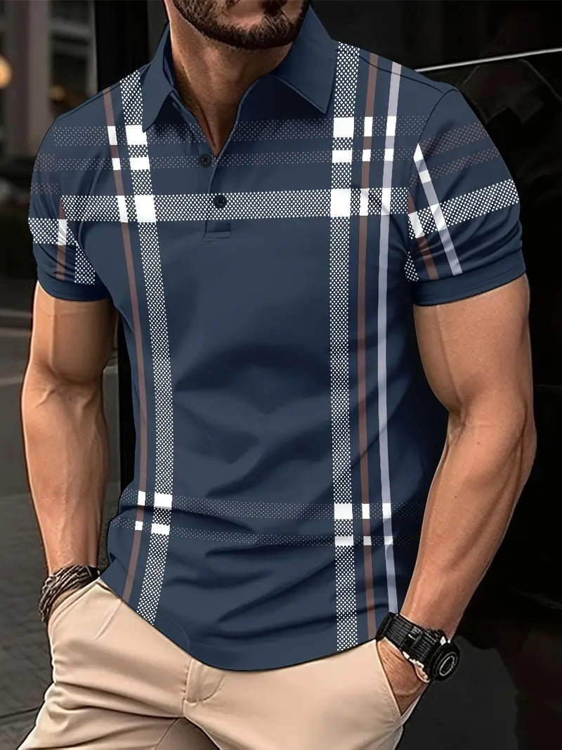 Men's Polo Shirt - Plaid Pattern - Slim Fit - Short Sleeve Button-Down Collar