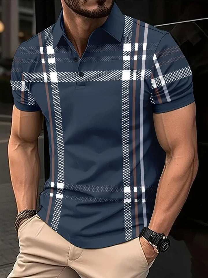 Men's Polo Shirt - Plaid Pattern - Slim Fit - Short Sleeve Button-Down Collar