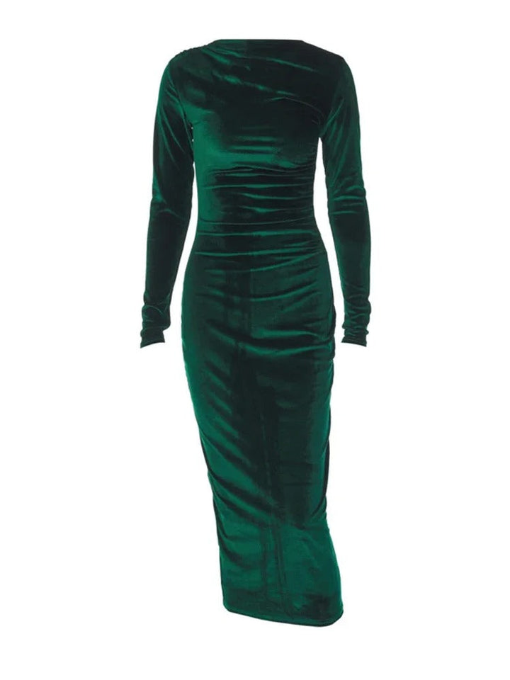Women's Midi Dress - Fitted Bodycon - Long Sleeve High Neck - Ruched Waist Elegant Style