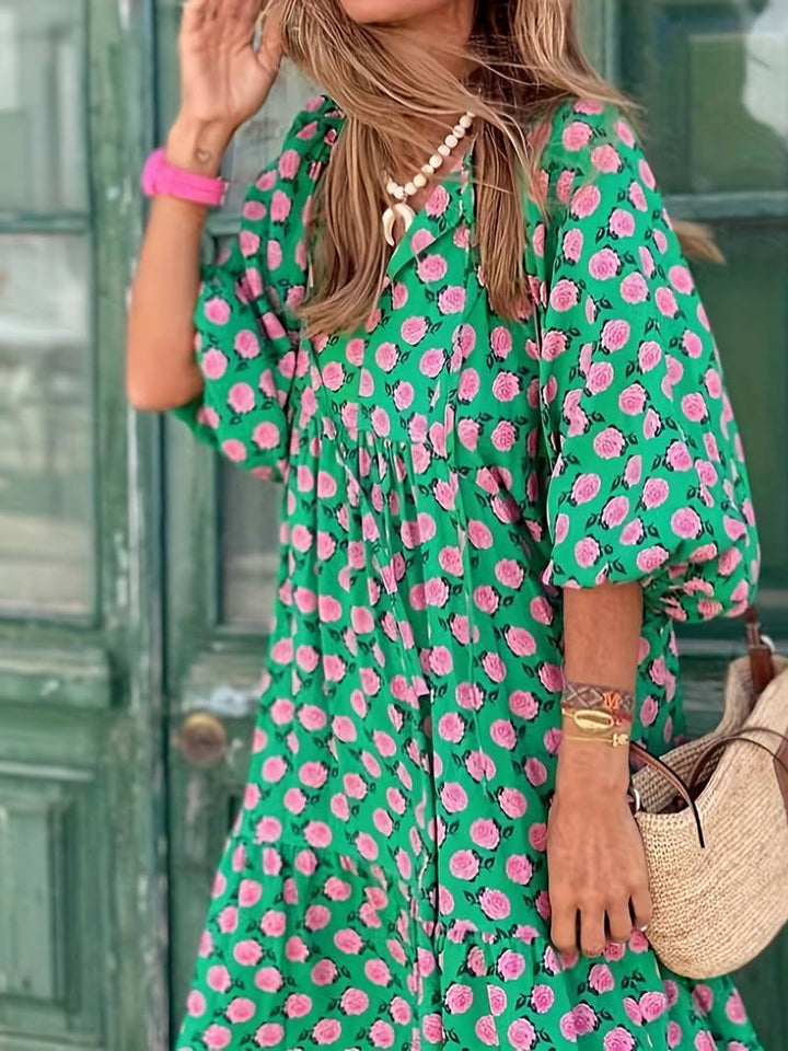 Women's Maxi Dress - Boho Diamond Pattern - V-Neck - Three-Quarter Sleeves - Flowy Fit