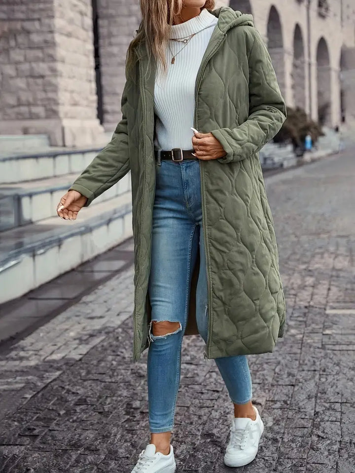 Women’s Quilted Coat – Relaxed Fit – Full Length – Hooded – Natural Fibers