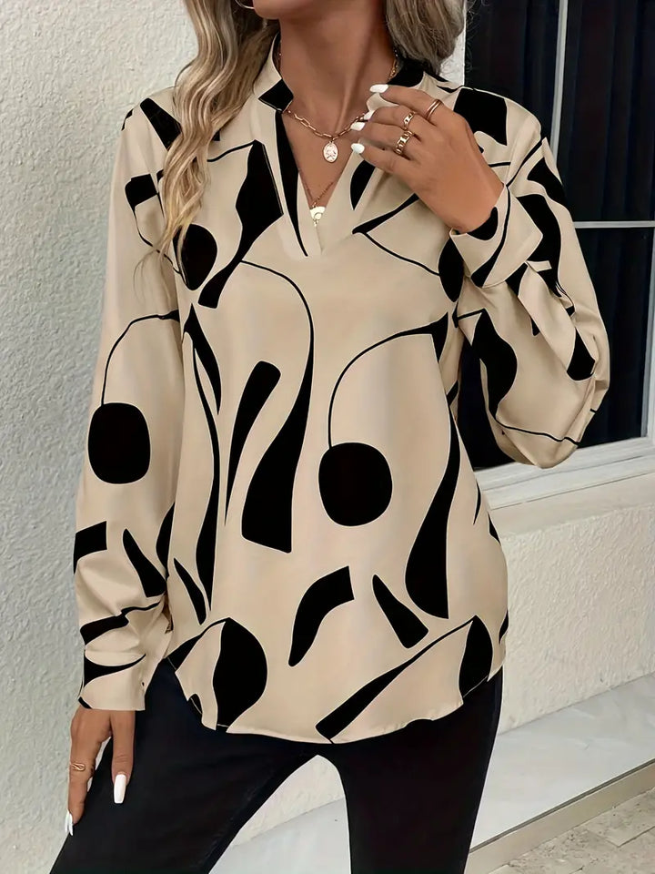 Women's Blouse - V-Neck - Long Sleeve - Relaxed Fit - Abstract Pattern