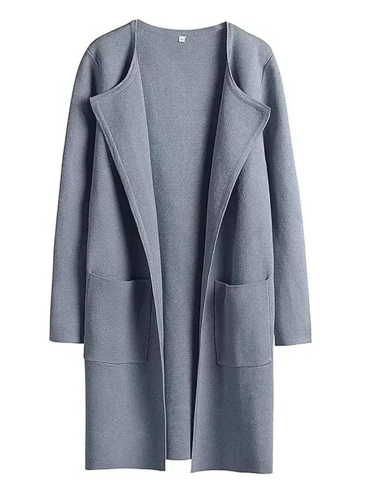 Women’s Knee-Length Coat - Wool Blend - Relaxed Fit - Wide Lapel Minimalist Design