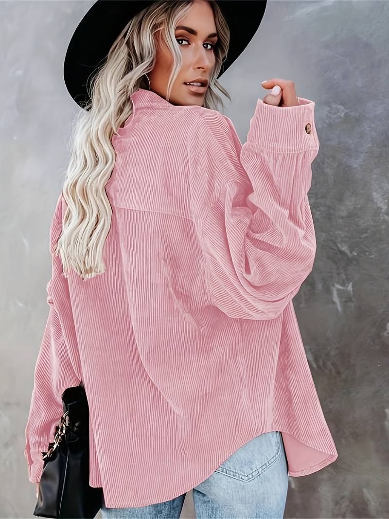 Women’s Corduroy Shirt - Oversized Fit - Long Sleeve Button-Up - Casual Ribbed Texture