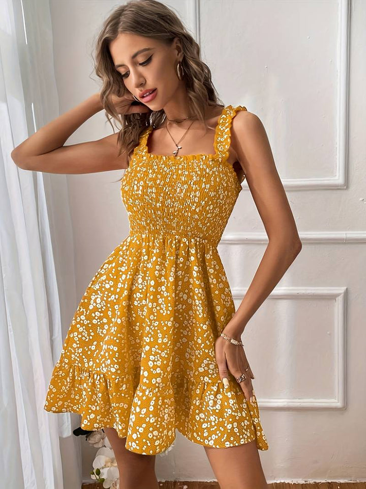 Women's Sundress - Smocked Bodice - A-Line Silhouette - Wide Straps - Floral Print