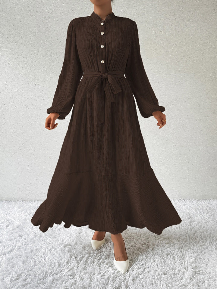 Women's Maxi Dress - Pleated Texture - Long Sleeve High Neck - Waist Tie Elegant Fit