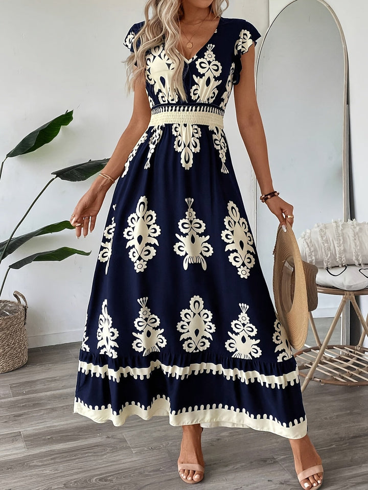 Women's Maxi Dress - V-Neck - Cap Sleeve - Smocked Waist - Flowing Elegant Fit