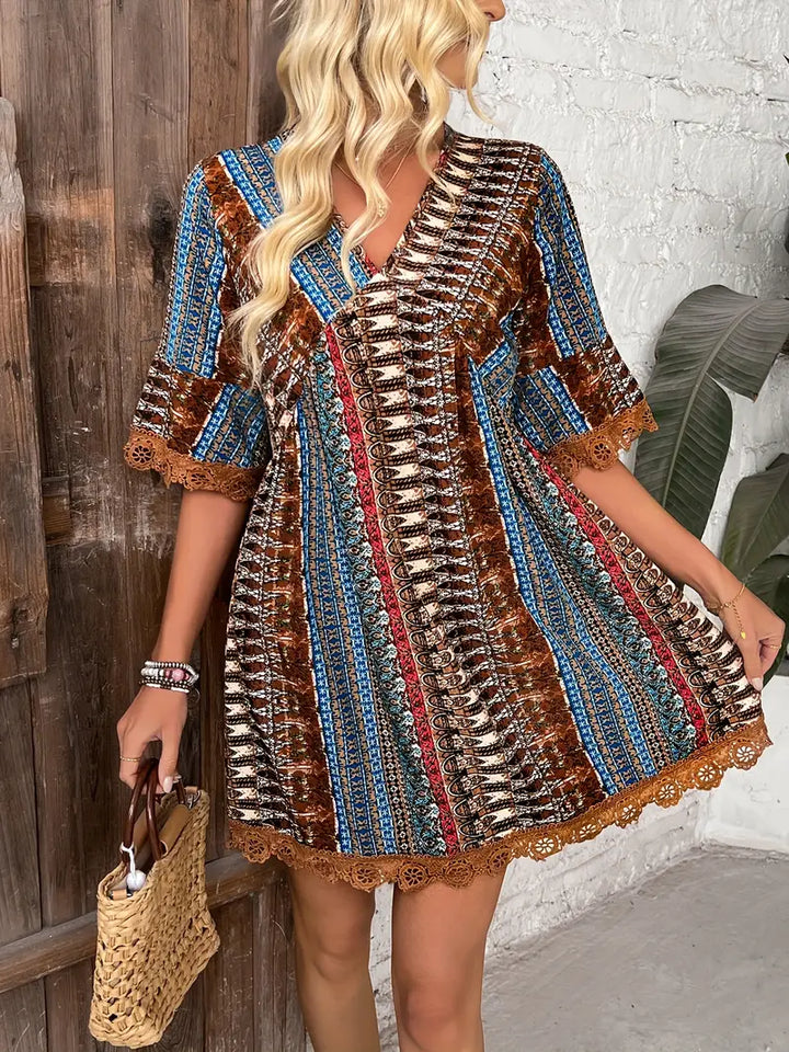 Women's Mini Dress - Bohemian Style - Deep V-Neck - Flowy Fit - Lace Detail - Tassels