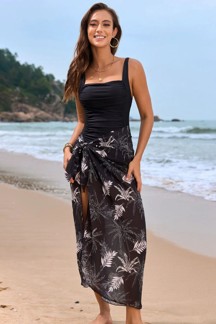 Women’s Swimsuit Set – Square Neck One-Piece – Floral Print – Side-Tie Cover-Up