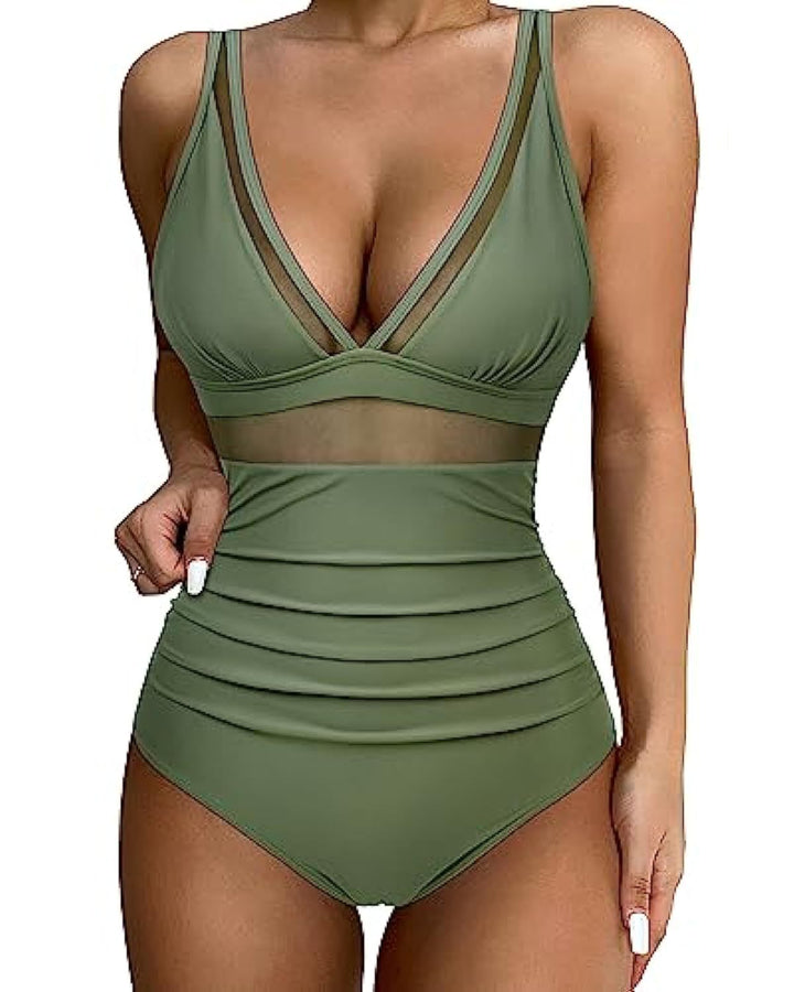 Women’s Swimsuit – Plunging Neckline – Mesh Detail – High-Cut Leg – Breathable Blend