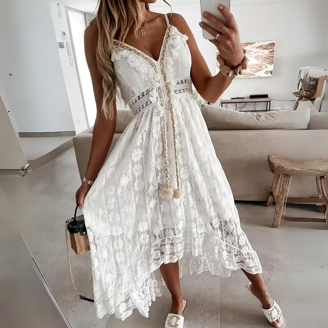 Women’s Midi Dress - Relaxed Fit - Lace Detailing - Spaghetti Straps - Boho Style