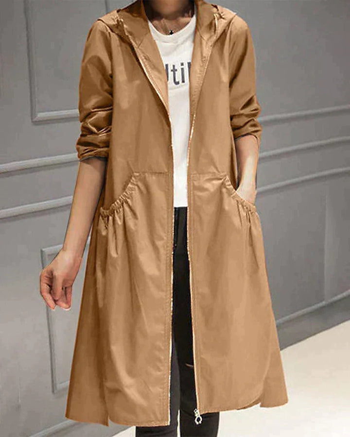 Women’s Hooded Jacket – Relaxed Fit – Knee Length – Zip Front – Casual Wear