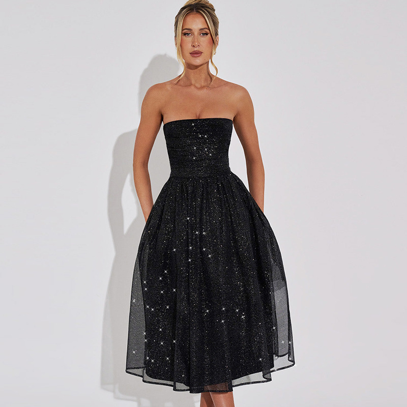 Women's Strapless Midi Dress - Sequin Embellished - Fitted Bodice - Elegant Cocktail Wear