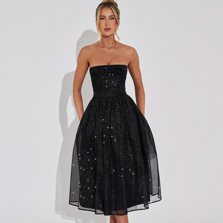 Women's Strapless Midi Dress - Sequin Embellished - Fitted Bodice - Elegant Cocktail Wear