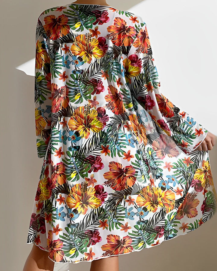 Women’s Bikini Set – Tie Front Top – High-Waisted Bottoms – Sheer Floral Cover-Up