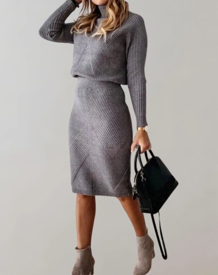 Women’s Two-Piece Set – Ribbed Knit – Slim Fit – Turtleneck Sweater & Midi Skirt