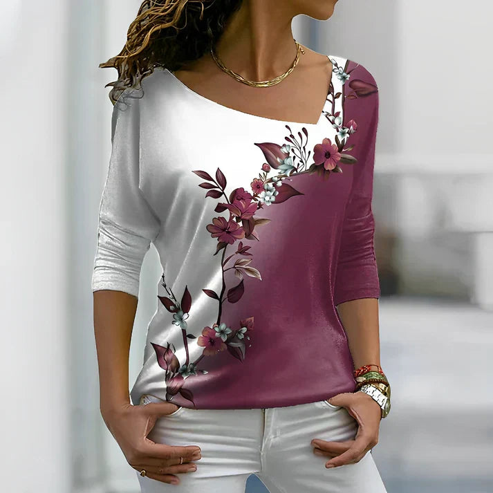 Women's Off-Shoulder Blouse - Asymmetrical Fit - 3/4 Sleeve Floral Print Casual Wear