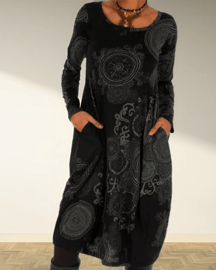 Women's Maxi Dress - Bohemian Print - Long Sleeve - A-Line Relaxed Fit - Round Neck