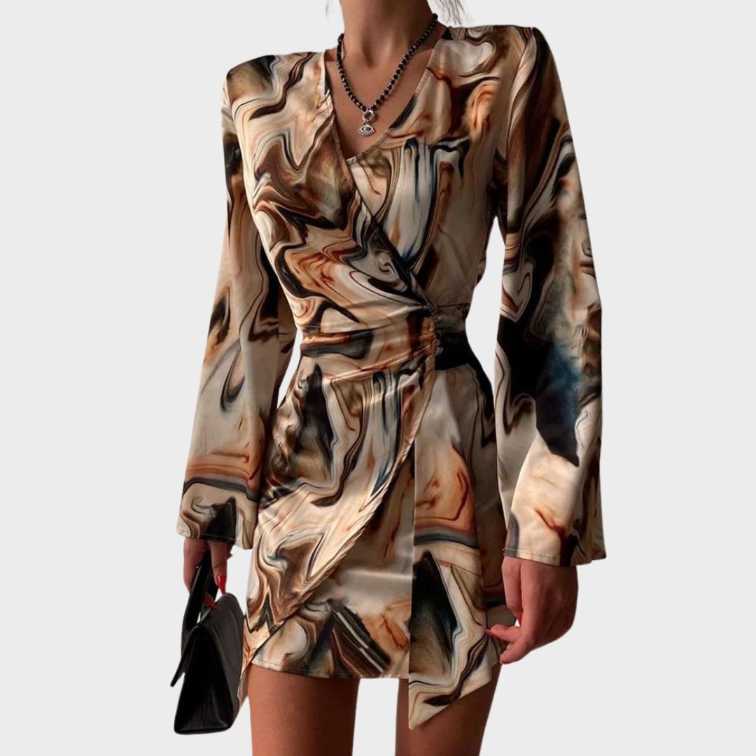 Women's Wrap Dress - V-Neck - Long Sleeve - Text Print - Elegant Fit