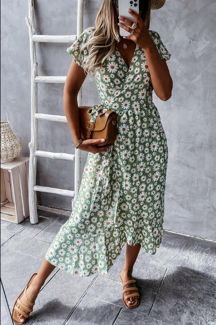 Women’s Midi Dress – A-Line Silhouette – Relaxed Fit – Short Sleeve – Breathable Blend