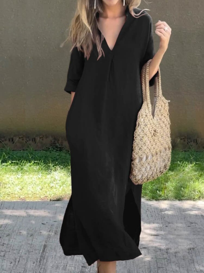 Women’s Maxi Dress - Relaxed Fit - V-Neck - Three-Quarter Sleeve - Breathable Blend