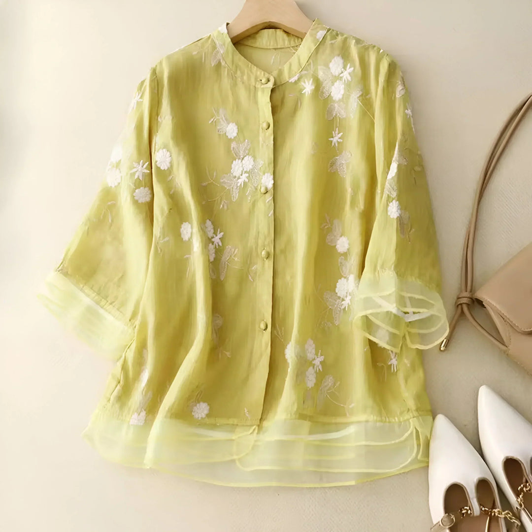 Women’s Blouse – Relaxed Fit – Embroidered Detail – Button-Down – 3/4 Sleeve – Layered Hem