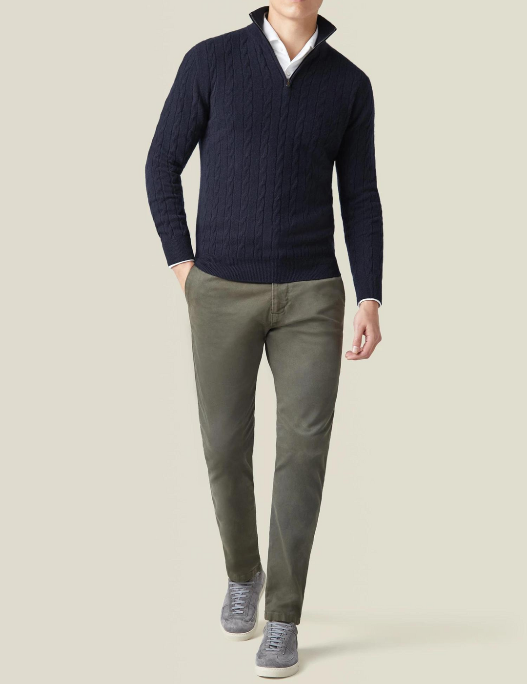 Men’s Sweater – Wool Blend – Cable Knit – Half Zip – Stand Collar – Smart Casual Fit
