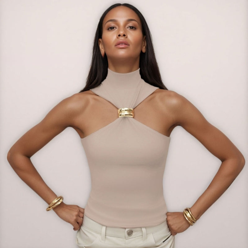 Women’s Tank Top - Soft Knit - Slim Fit Halter Neck - Metal Ring Detail - Breathable Fabric