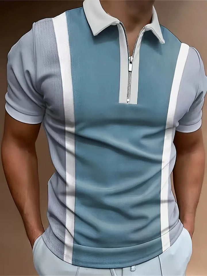Men’s Polo Shirt - Half Zip - Short Sleeve Ribbed Cuffs - Vertical Stripe Casual Wear
