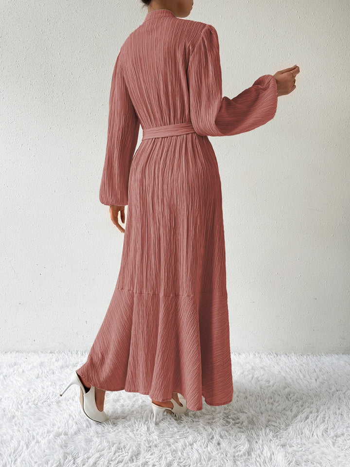 Women's Maxi Dress - Pleated Texture - Long Sleeve High Neck - Waist Tie Elegant Fit