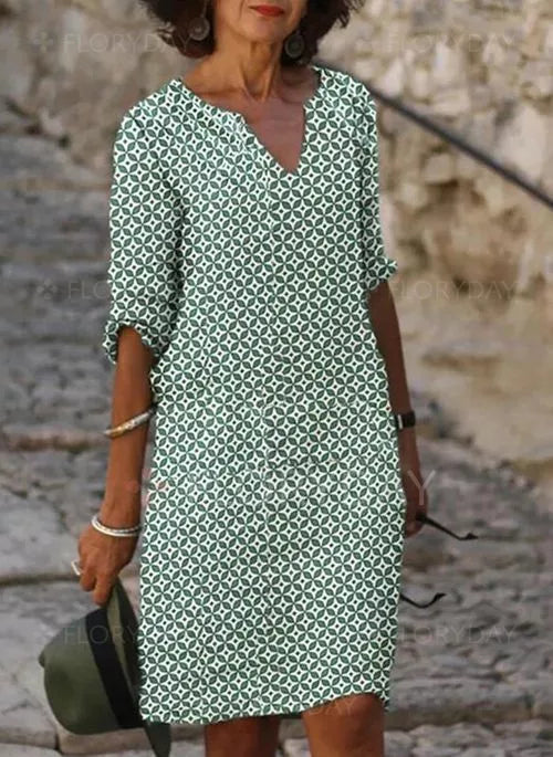 Women’s Knee-Length Dress – Relaxed Fit – V-Neck – 3/4 Sleeve – Geometric Print – Breathable Blend
