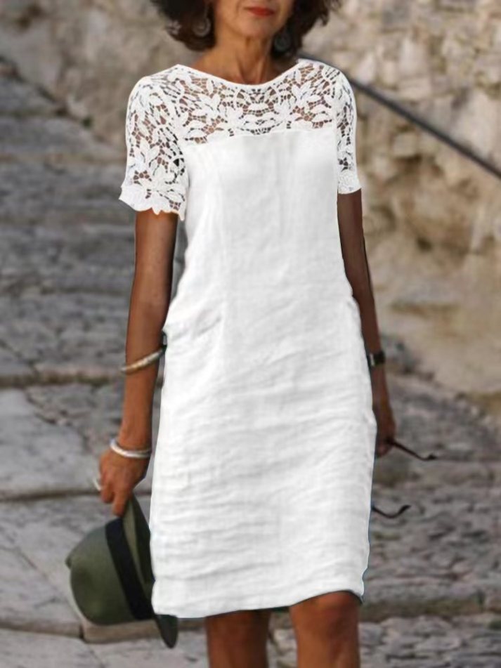 Women’s Knee-Length Dress – Loose Fit – Lace Detail – Short Sleeve – Breathable Blend