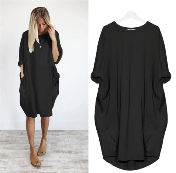 Women’s Midi Dress – Relaxed Fit – Round Neck – Breathable Blend – Side Pockets