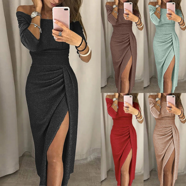 Women's Off-Shoulder Bodycon Dress - Glittery Metallic Finish - Three-Quarter Sleeves - High Slit