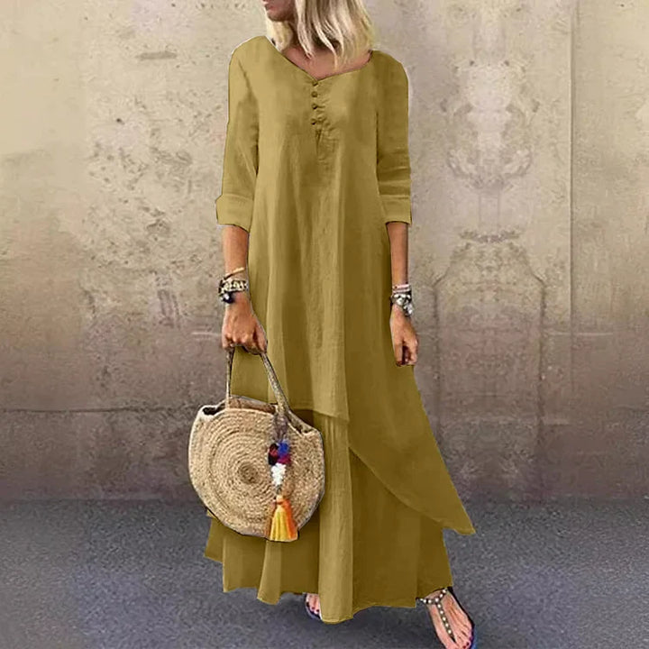 Women’s Midi Dress – Natural Fibers – Relaxed Fit – 3/4 Sleeve – Layered Design