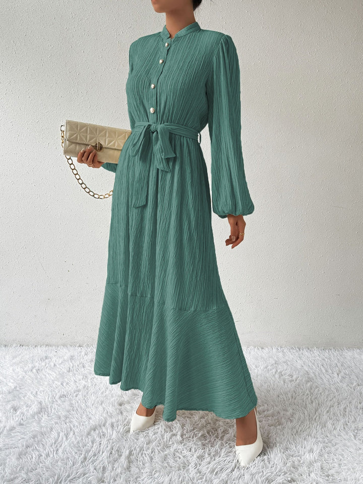 Women's Maxi Dress - Pleated Texture - Long Sleeve High Neck - Waist Tie Elegant Fit