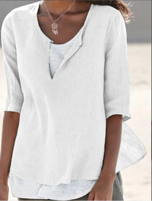 Women’s Layered Blouse – Relaxed Fit – Mid Sleeve – Breathable Blend – V-Neck Casual