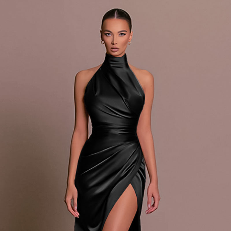 Women's Evening Gown - Halter Neck - Silky Fabric - Fitted Bodice - High Slit Elegant Dress