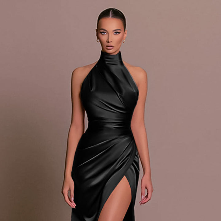 Women's Evening Gown - Halter Neck - Silky Fabric - Fitted Bodice - High Slit Elegant Dress