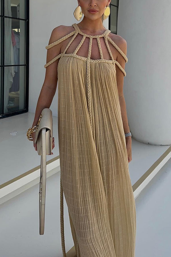 Women’s Full-Length Dress – Relaxed Fit – Braided Halter Neck – Pleated Natural Fibers