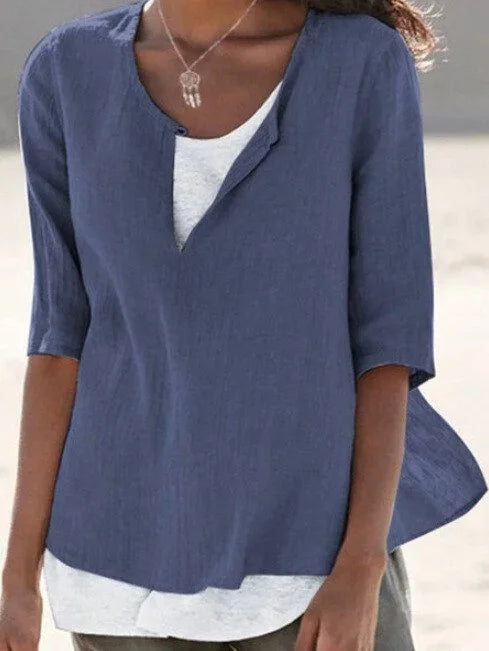 Women’s Layered Blouse – Relaxed Fit – Mid Sleeve – Breathable Blend – V-Neck Casual